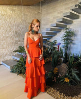 Satin Spaghetti Straps Layered Long Prom Dress with Built-In Bra